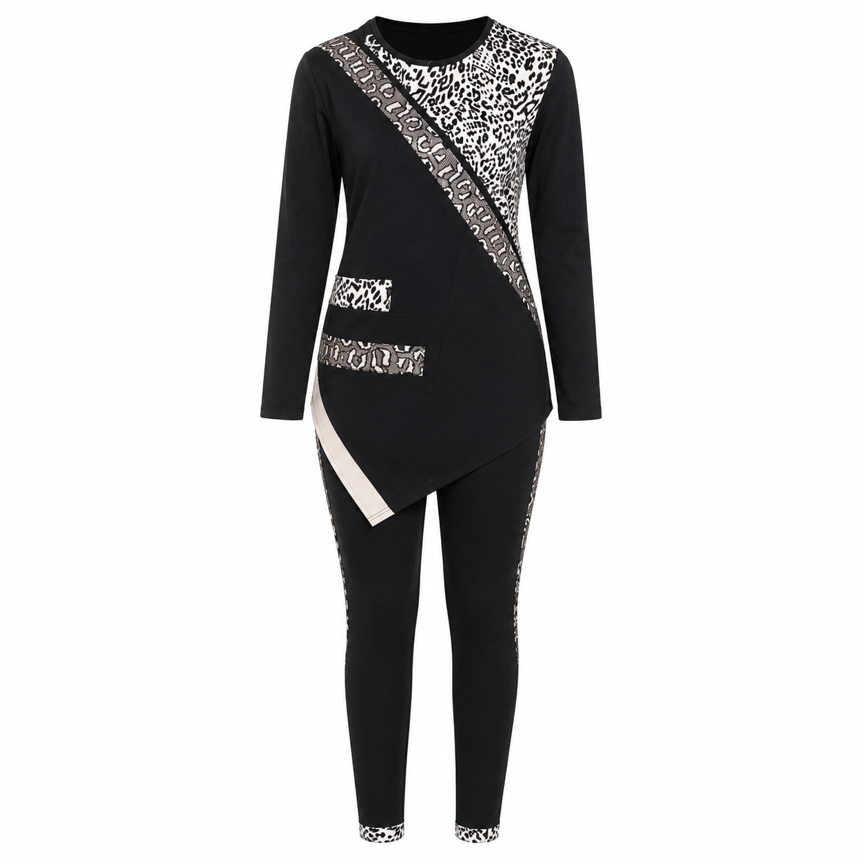 A black long-sleeve top and matching leggings set with diagonal leopard-print patterned panels and white stripe accents, shown on a plain white background.