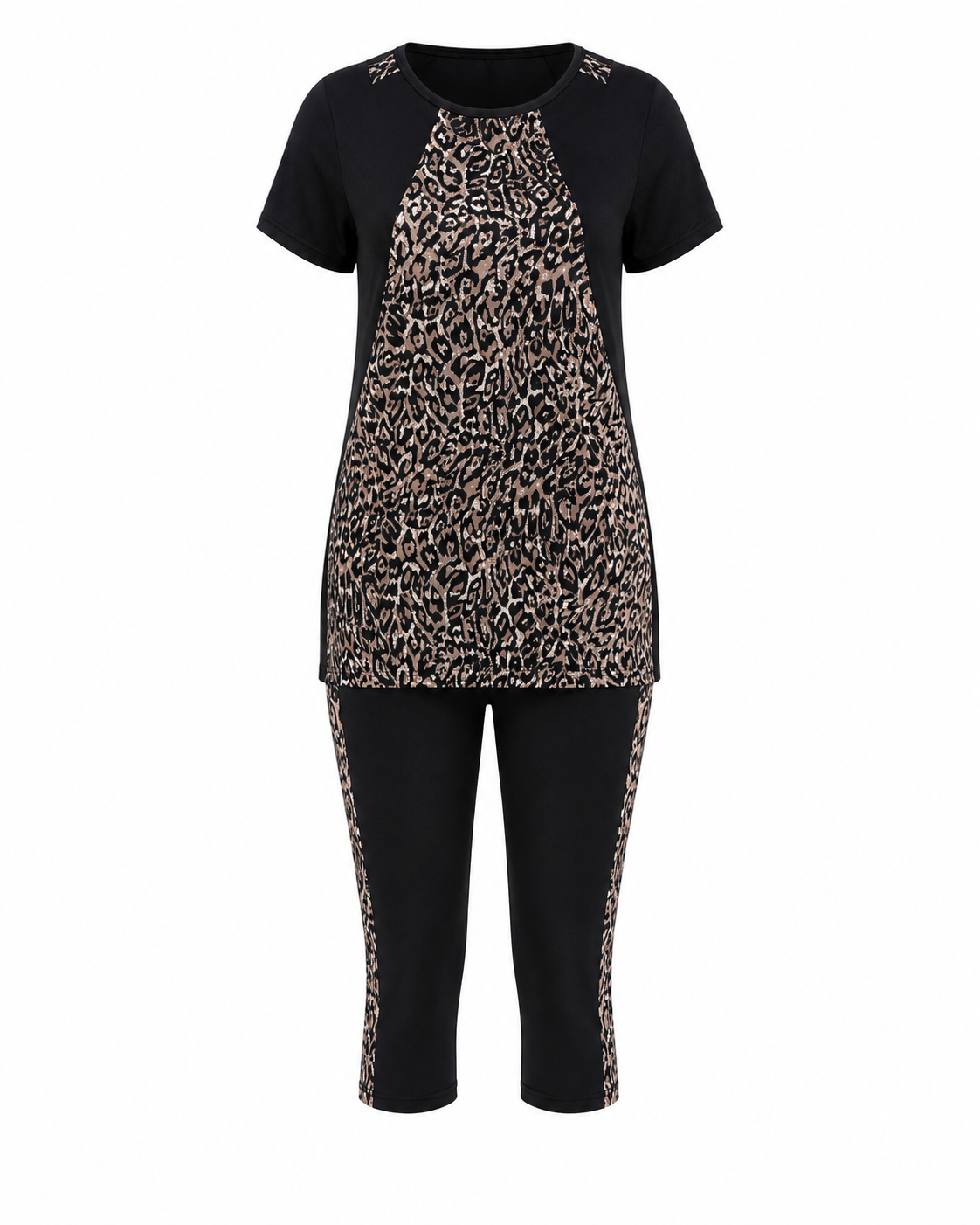 A women's two-piece lounge set featuring a short-sleeve top with a black body and leopard print raglan sleeves, paired with matching black capri pants that have leopard print side panels.