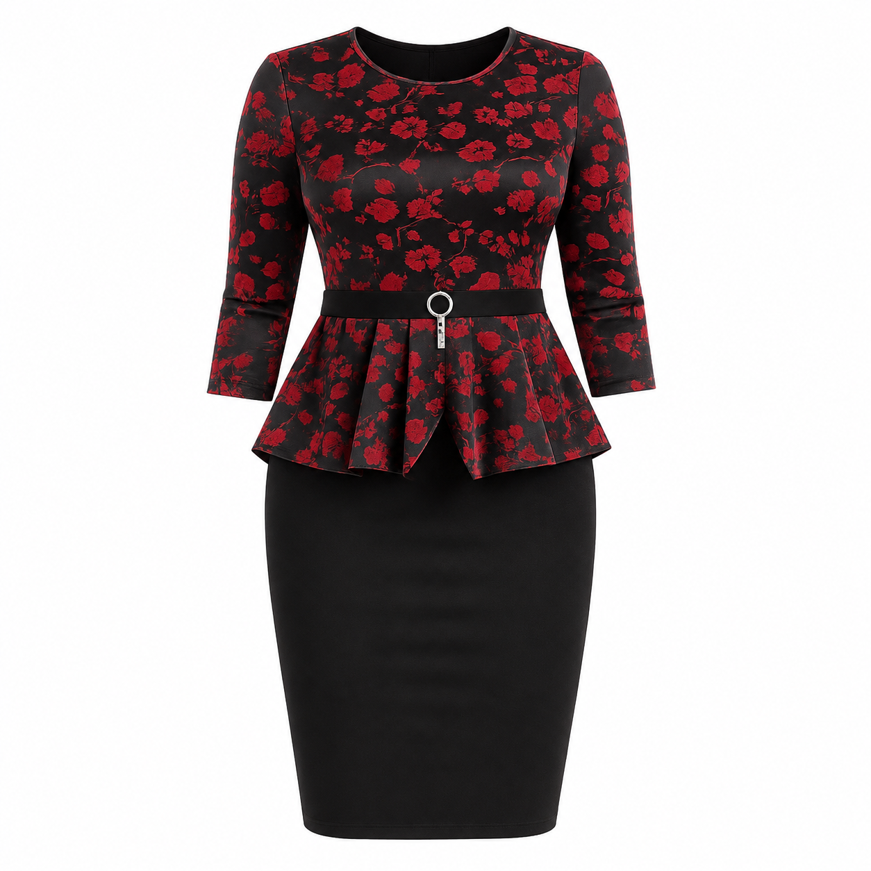 A women's three-quarter sleeve dress with a red and black floral print peplum top and a solid black fitted pencil skirt, featuring a black belt with a silver ring detail at the waist.