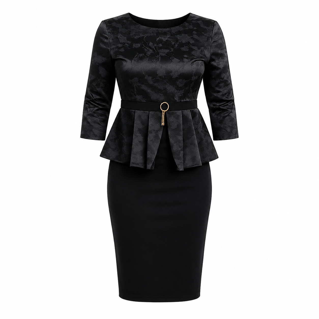 A black three-quarter sleeve peplum dress with a textured floral jacquard bodice and a solid black fitted skirt, featuring a matching black waist belt with a gold-tone key ring detail, shown on a plain white background.