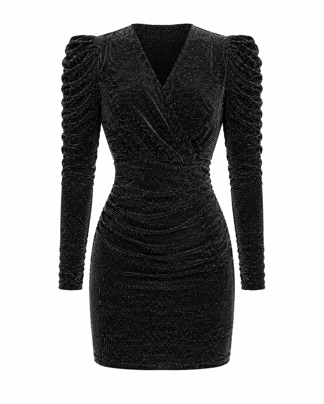 A black textured long-sleeve mini dress with a V-neckline, fitted silhouette, and ruched puffed shoulders, shown on a plain white background.