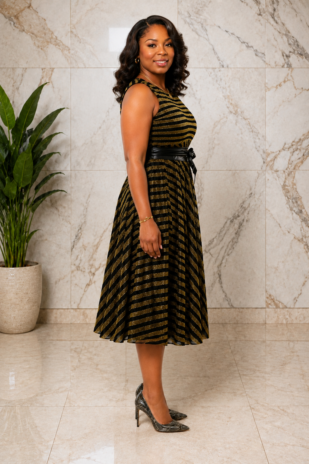 Luxury Metallic Stripe Sleeveless Fit & Flare Midi Dress with Waist Belt – Women's Elegant Occasion Dress