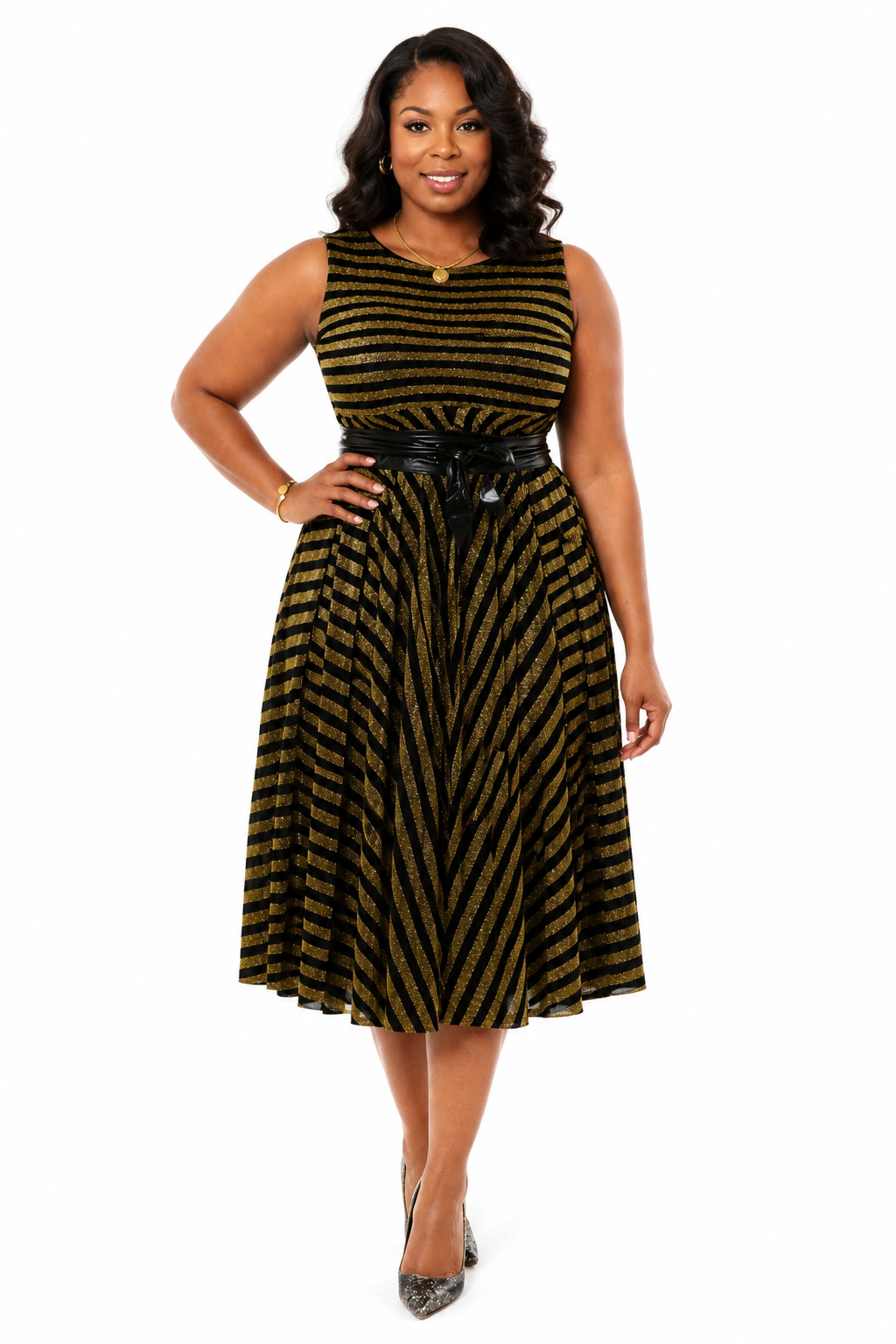 Luxury Metallic Stripe Sleeveless Fit & Flare Midi Dress with Waist Belt – Women's Elegant Occasion Dress