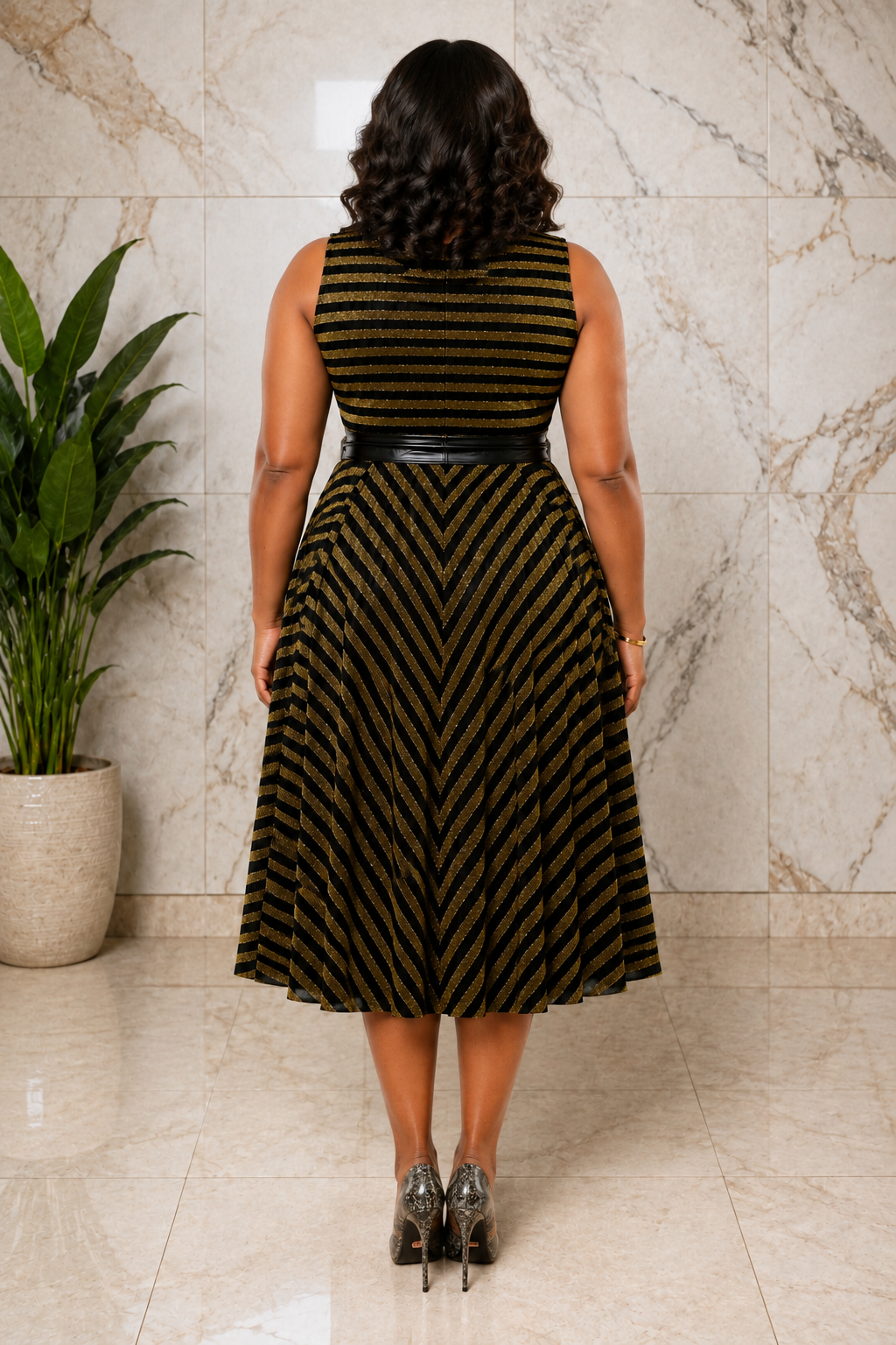 Luxury Metallic Stripe Sleeveless Fit & Flare Midi Dress with Waist Belt – Women's Elegant Occasion Dress