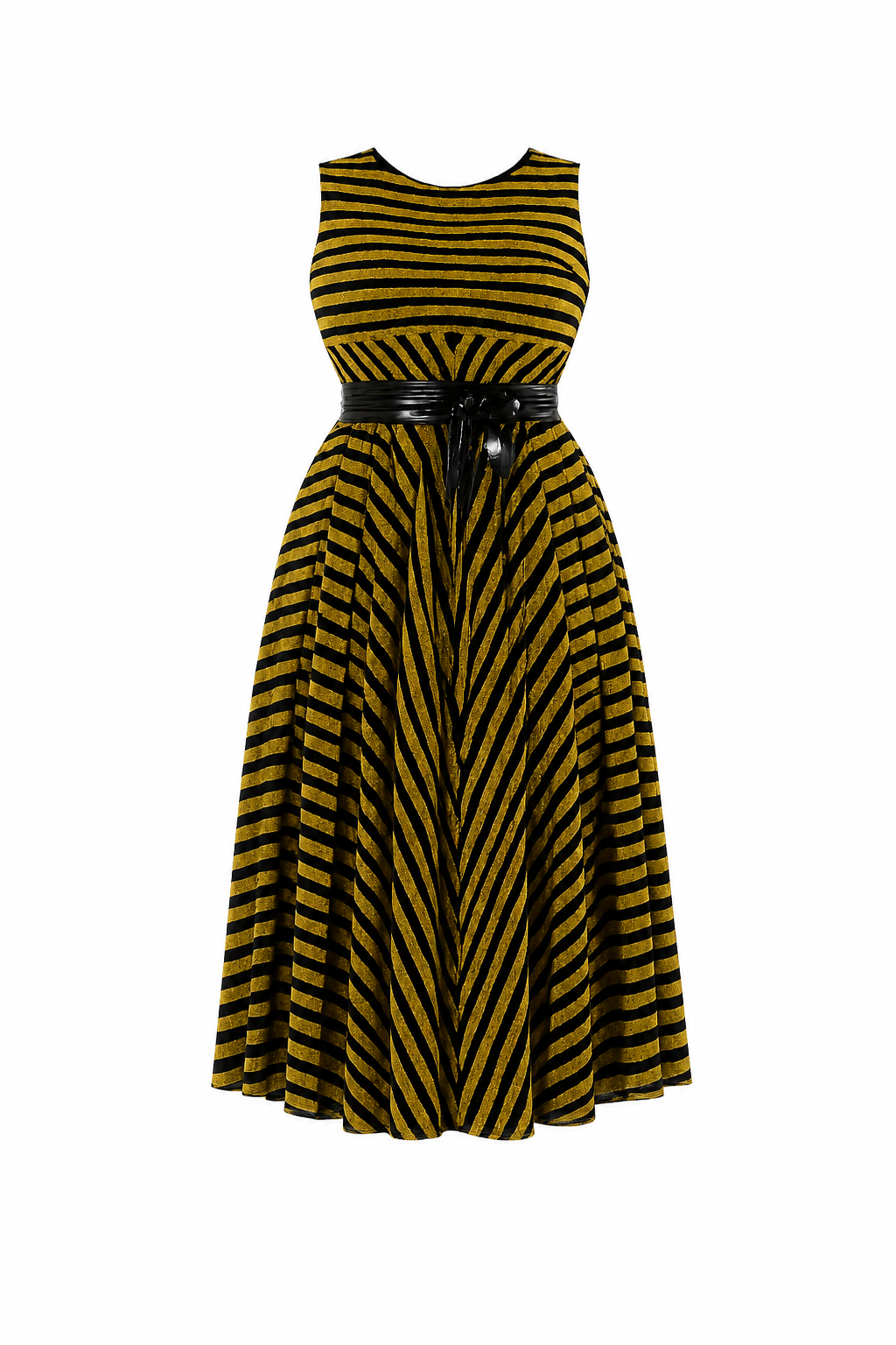 Luxury Metallic Stripe Sleeveless Fit & Flare Midi Dress with Waist Belt – Women's Elegant Occasion Dress