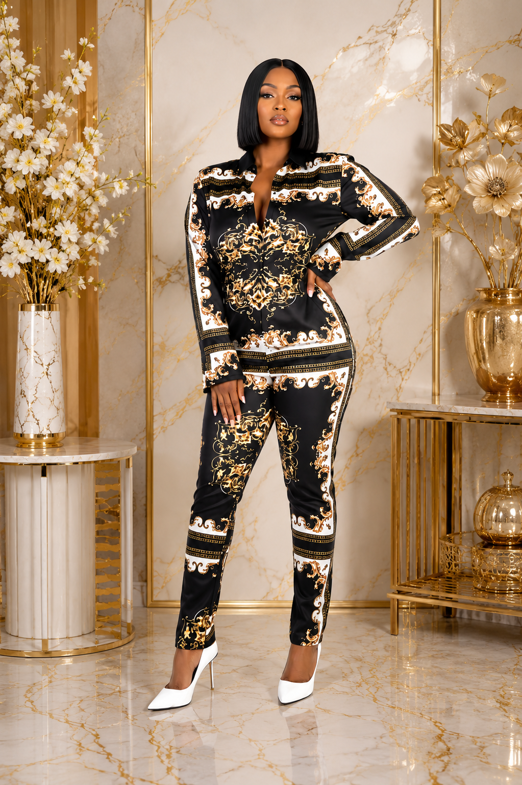 A woman modeling a black, white, and gold patterned matching two-piece set consisting of a long-sleeve top and slim-fit pants, styled with white pointed-toe heels in an elegant interior setting with gold and marble decor.