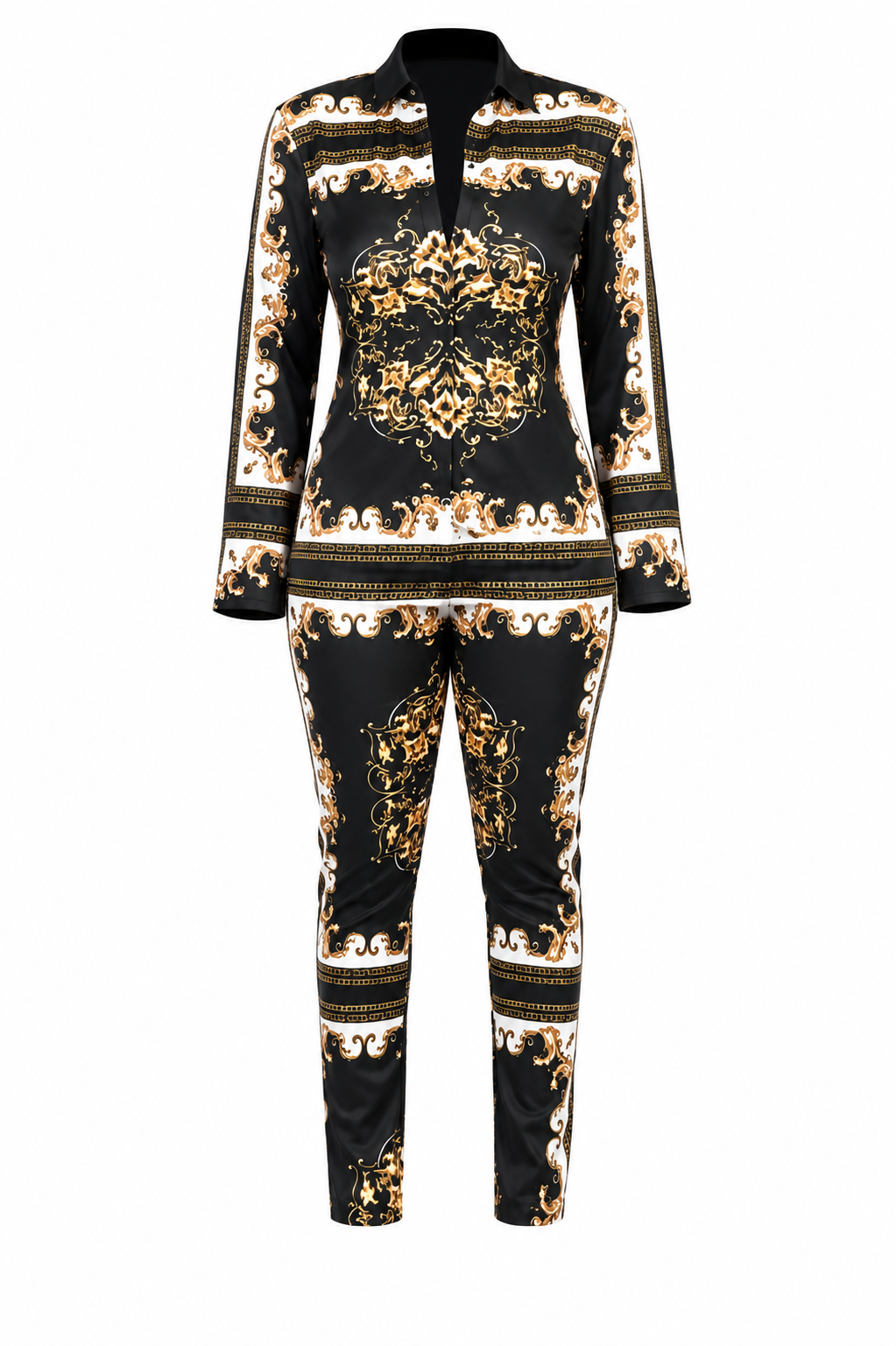 A women's two-piece matching set consisting of a long-sleeve half-zip top and slim-fit pants, both featuring a black base with an ornate gold and white baroque-style pattern.