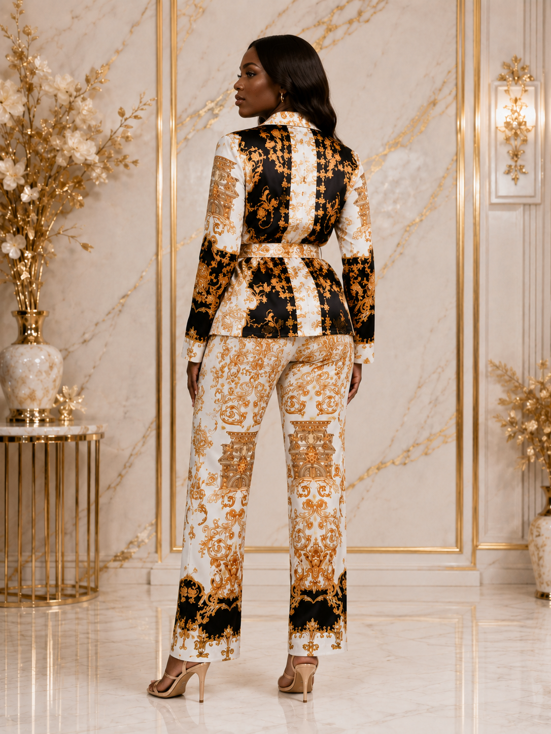 A woman stands with her back to the camera wearing a matching long-sleeve belted jacket and wide-leg trousers set in an ornate cream, gold, and black patterned fabric. The set features an intricate baroque-style print.