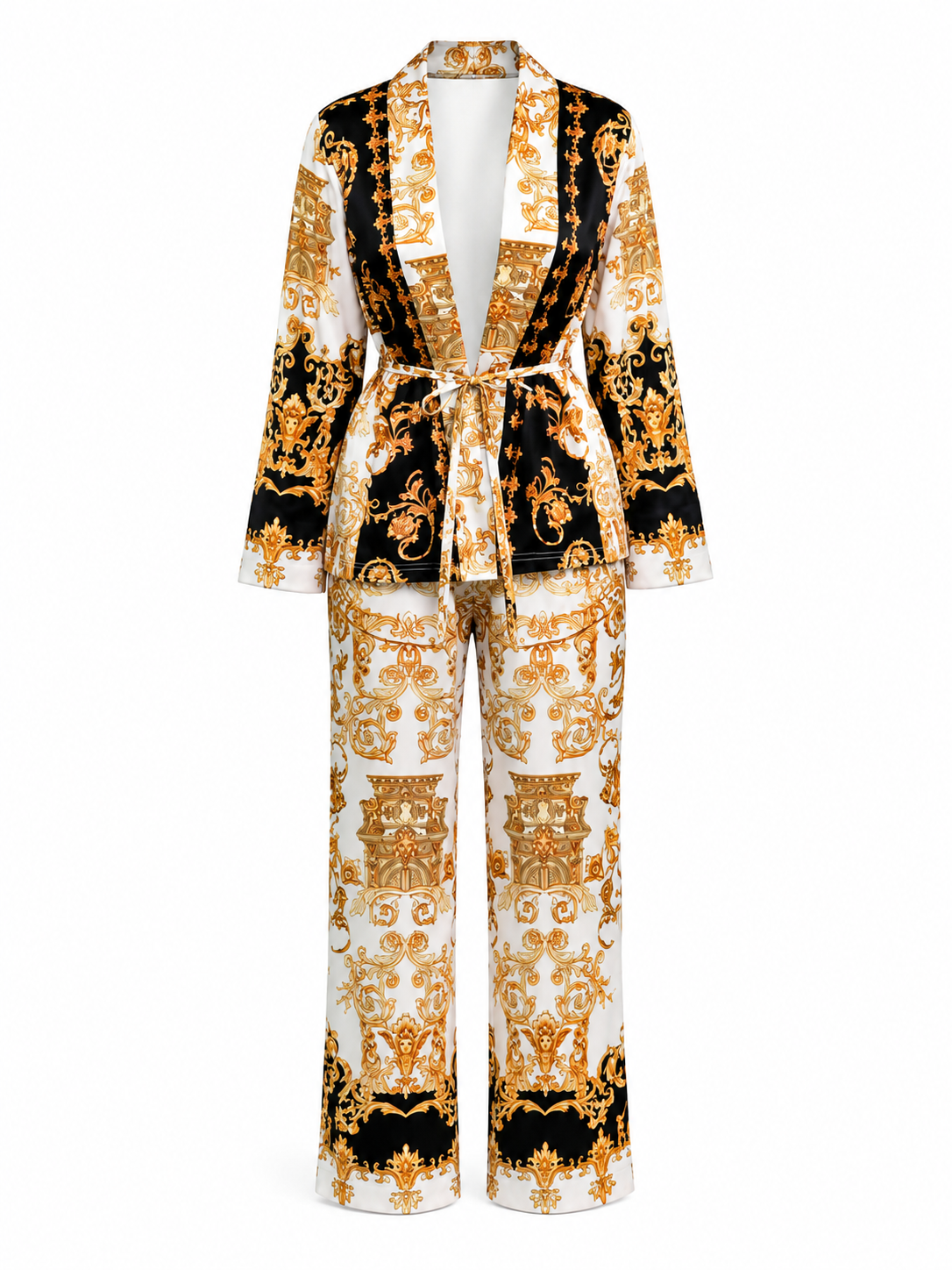 A two-piece matching set consisting of a long-sleeve open-front belted jacket and wide-leg trousers, featuring an ornate baroque-style print in gold, black, and white.
