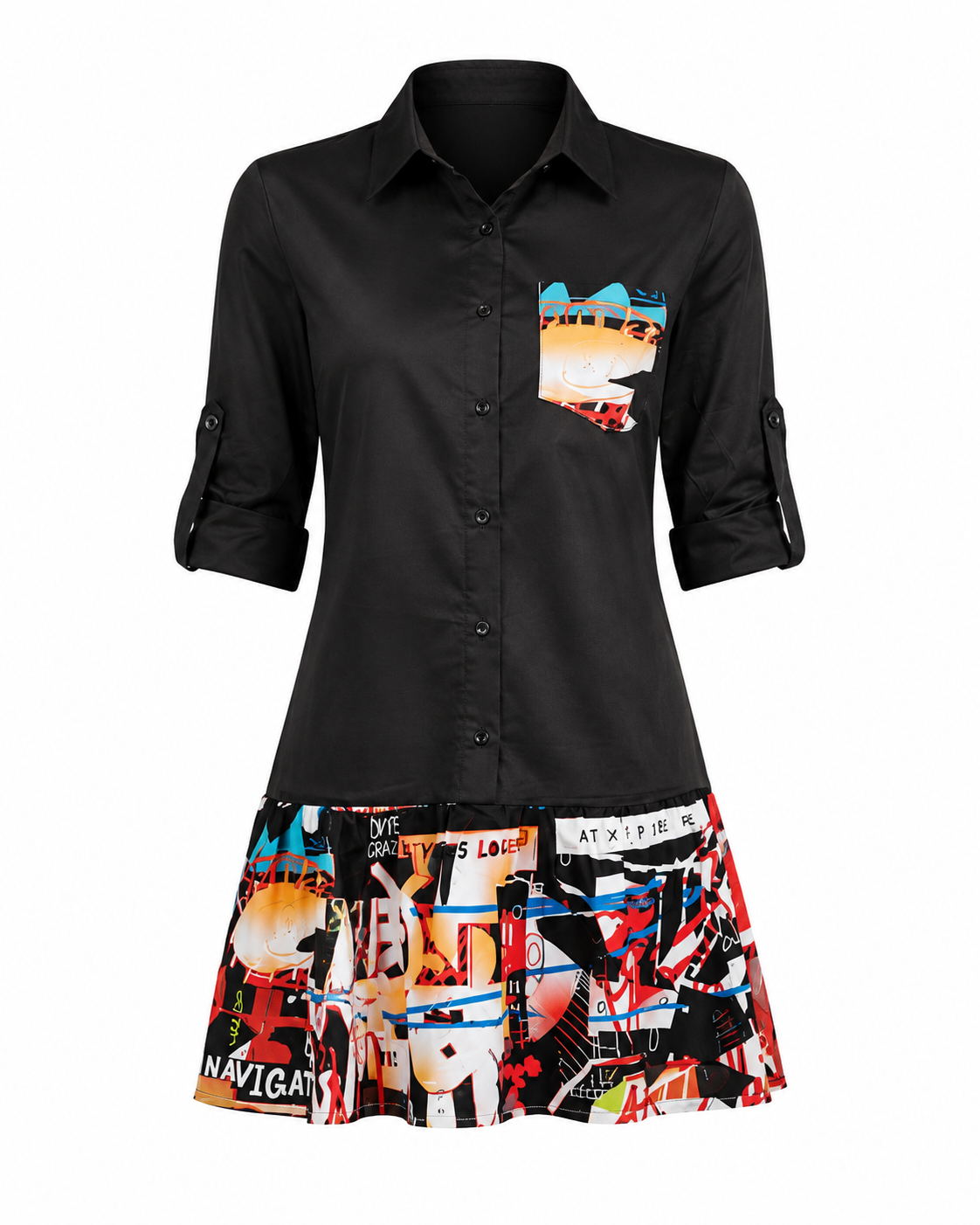 A women's shirt dress with a solid black upper body and sleeves, featuring a colorful collage print pocket on the chest and a matching multicolor patchwork skirt with collage-style panels.