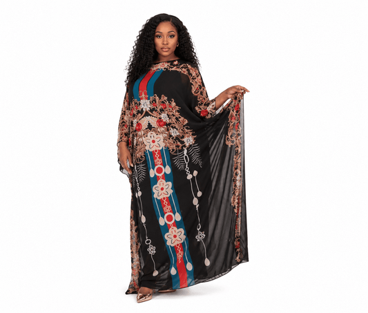 Black Luxury Baroque Print Kaftan Maxi Dress – Women's Elegant Loose Fit Boho Evening Caftan Gown - Maxi Dress - Cherubim Aura