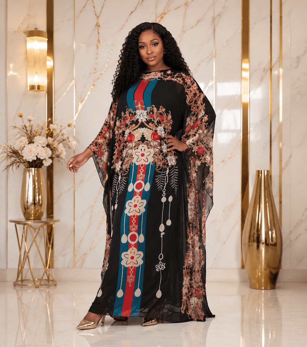 Black Luxury Baroque Print Kaftan Maxi Dress – Women's Elegant Loose Fit Boho Evening Caftan Gown - Maxi Dress - Cherubim Aura