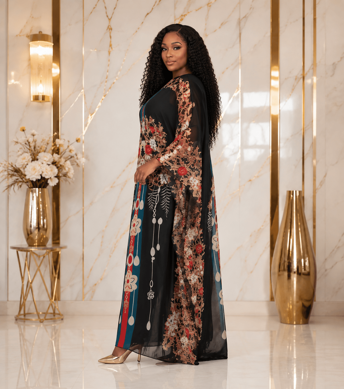 Black Luxury Baroque Print Kaftan Maxi Dress – Women's Elegant Loose Fit Boho Evening Caftan Gown - Maxi Dress - Cherubim Aura