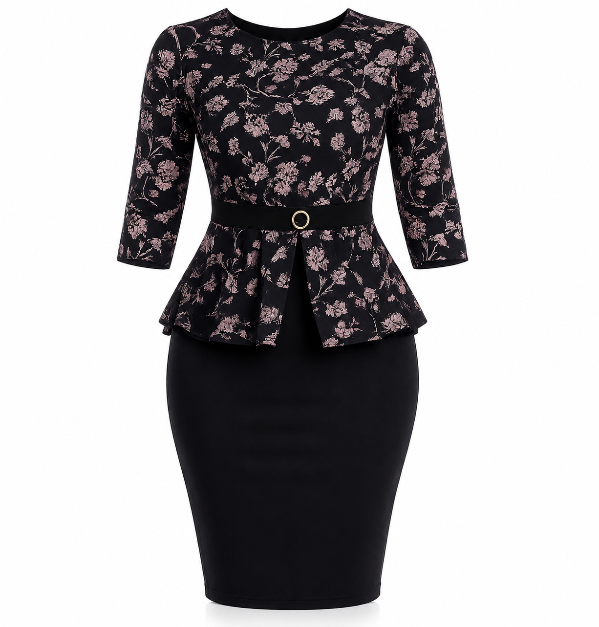 A women's peplum-style dress with a black base and dusty pink floral pattern on the top, featuring three-quarter sleeves, a matching black peplum waist, and a black skirt.