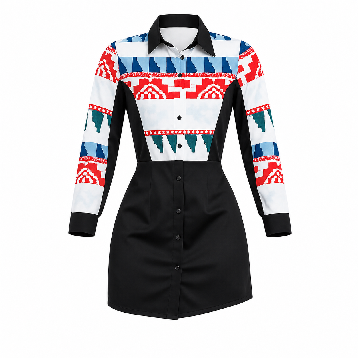 A long-sleeve button-front dress with a black skirt and black collar, sleeves, and side panels, combined with a white yoke featuring a red, blue, and green geometric pattern.