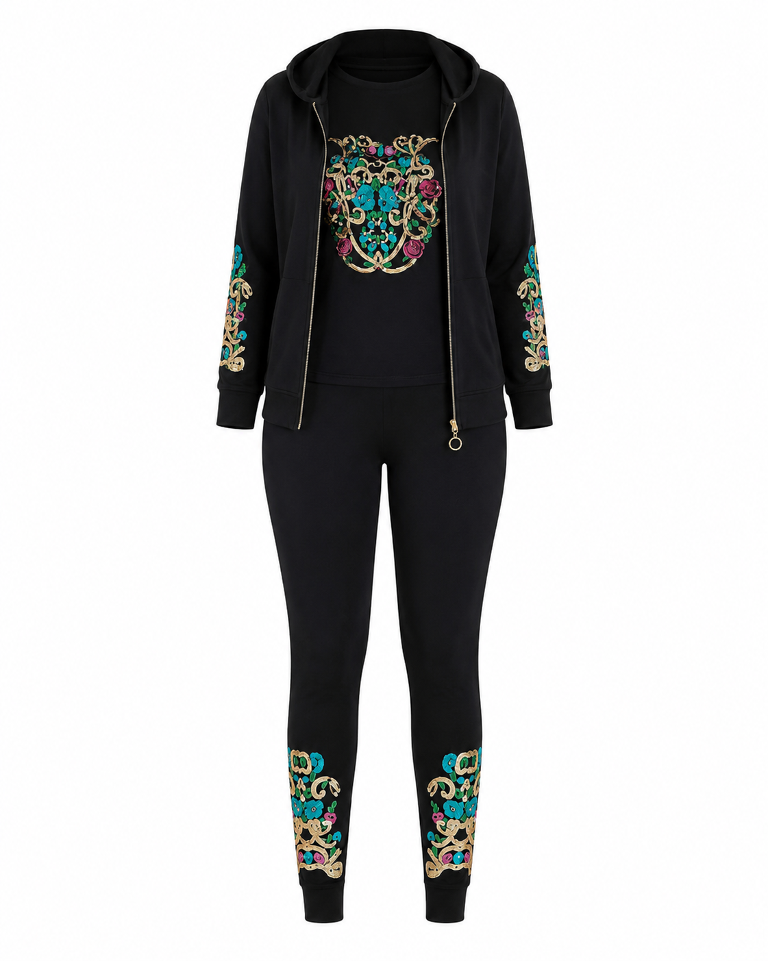 A black two-piece tracksuit featuring a zip-up hoodie and matching leggings, both adorned with colorful embroidered Medici-style lion crest patterns on the chest and sleeves, and on the lower legs.