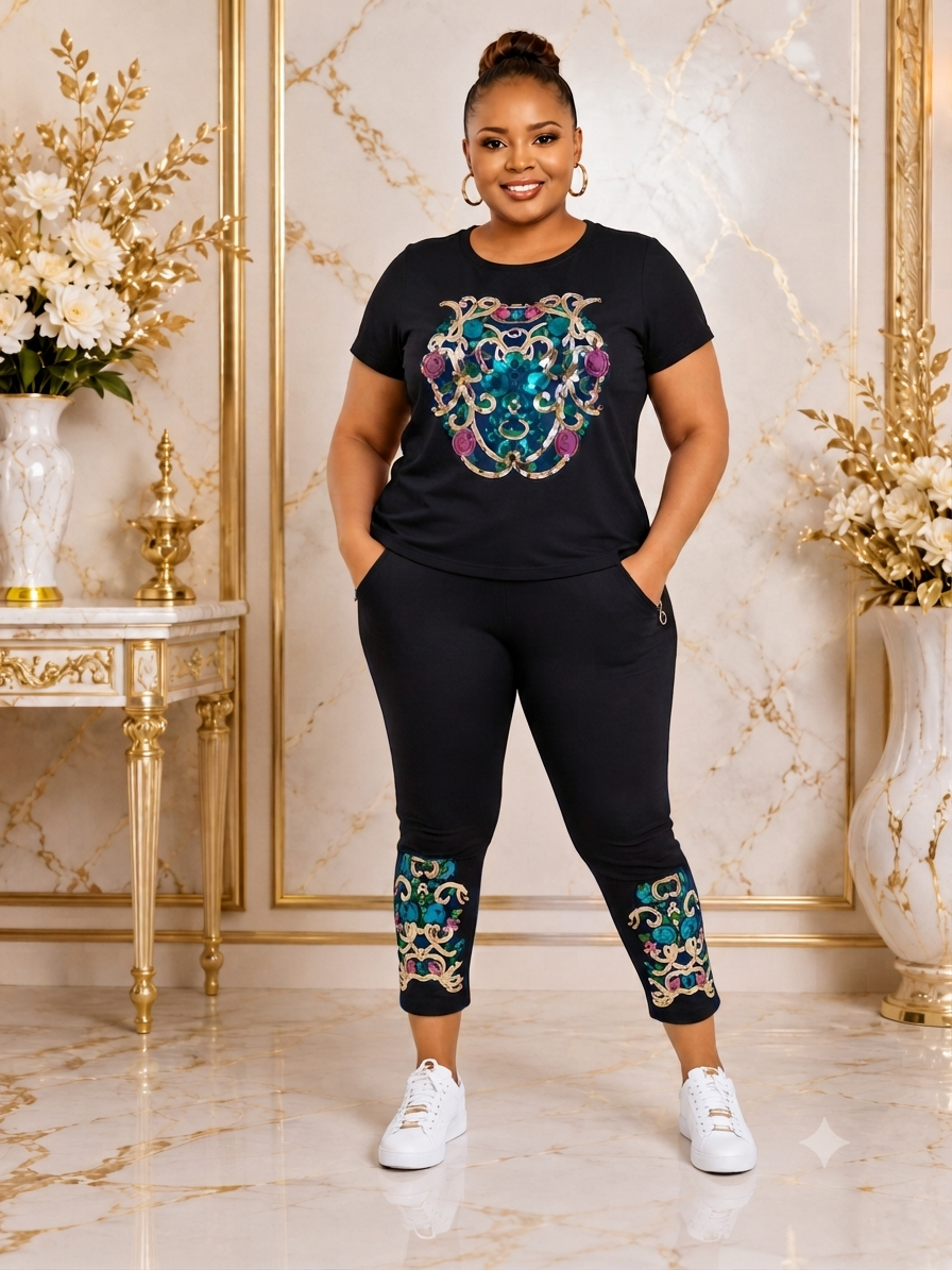 A woman modeling a black two-piece loungewear set featuring a large multicolor graphic print on the chest and matching printed details on the lower legs, styled with white sneakers in an elegant interior setting.