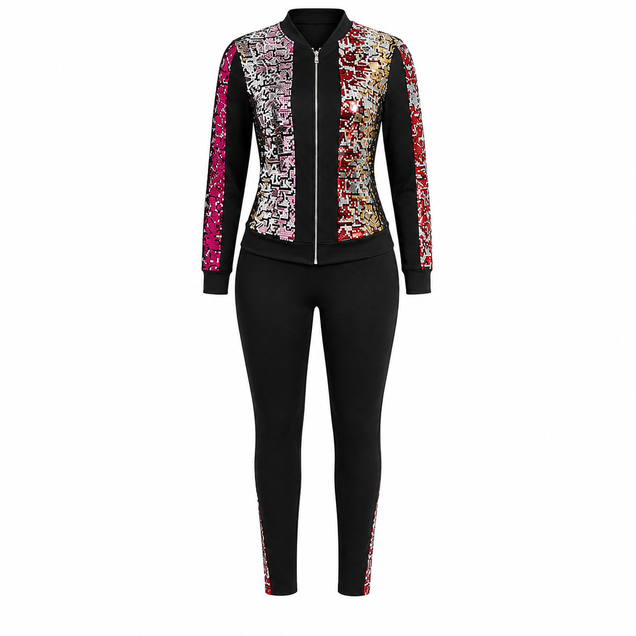 A women's two-piece tracksuit featuring a black zip-up bomber jacket with colorful sequined patterned panels on the front and sleeves, paired with matching black leggings.
