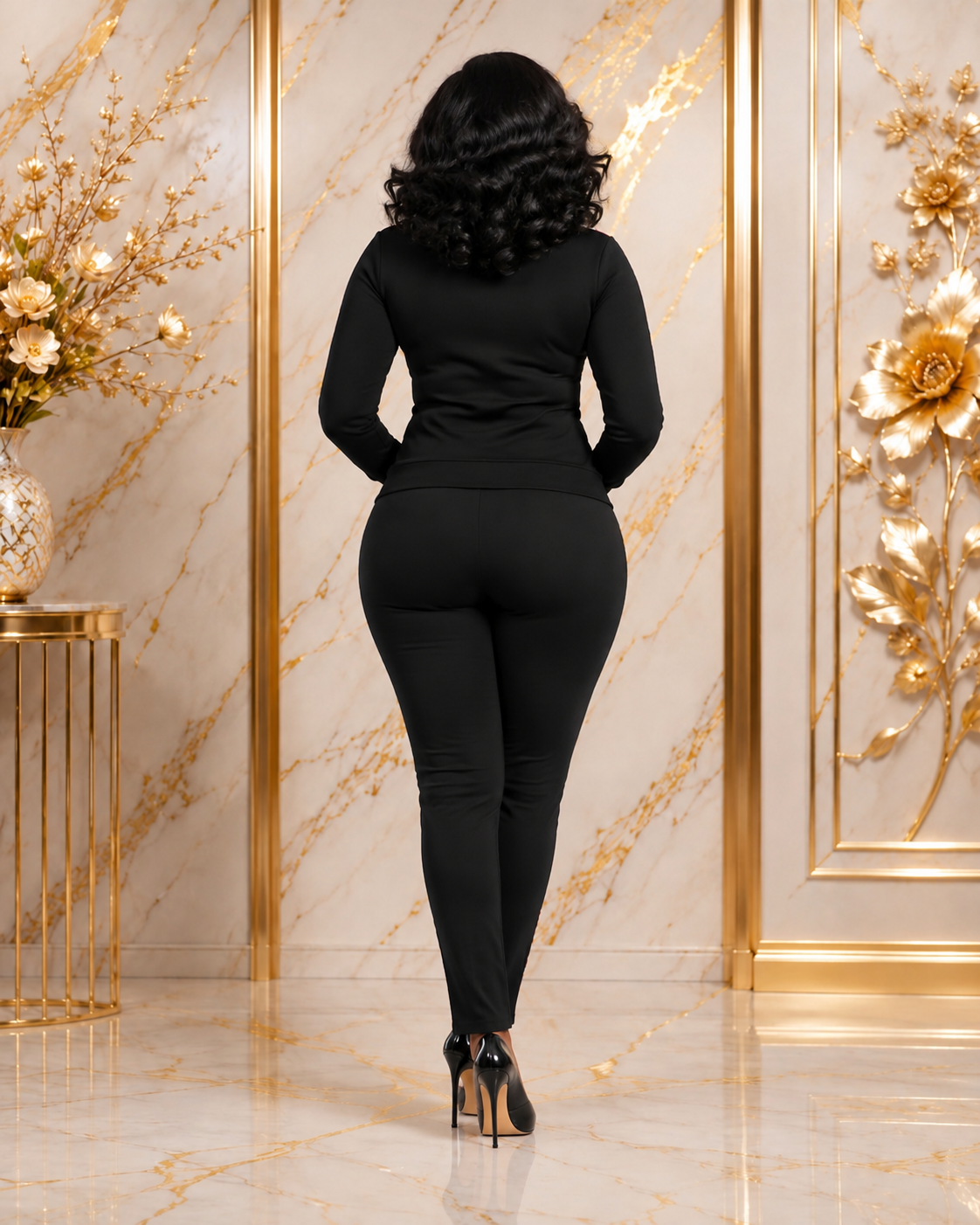 A woman viewed from behind wearing a fitted black long-sleeve top and black skinny pants, standing in a luxurious interior with gold-trimmed marble walls and floral decor.