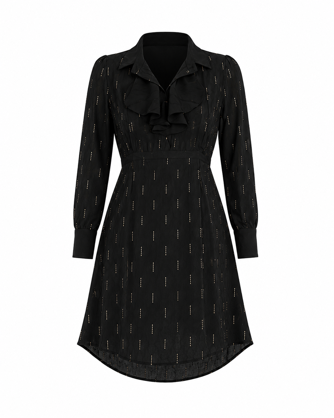 A black long-sleeve midi dress with a pointed collar, ruffled yoke, and a subtle dotted vertical pattern, shown against a plain white background.