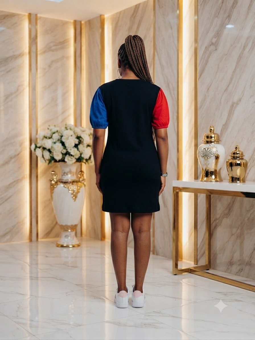 A woman viewed from behind wearing a short-sleeve dress with a black body and contrasting blue and red sleeves, standing in a luxury interior with marble walls and gold accents.
