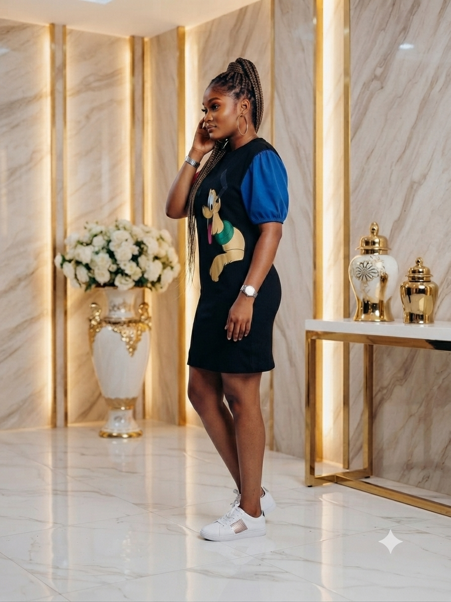 A woman stands in a luxury interior with marble walls and gold accents, wearing a black dress with a blue puff sleeve, a gold and green graphic print on the front, and white sneakers.