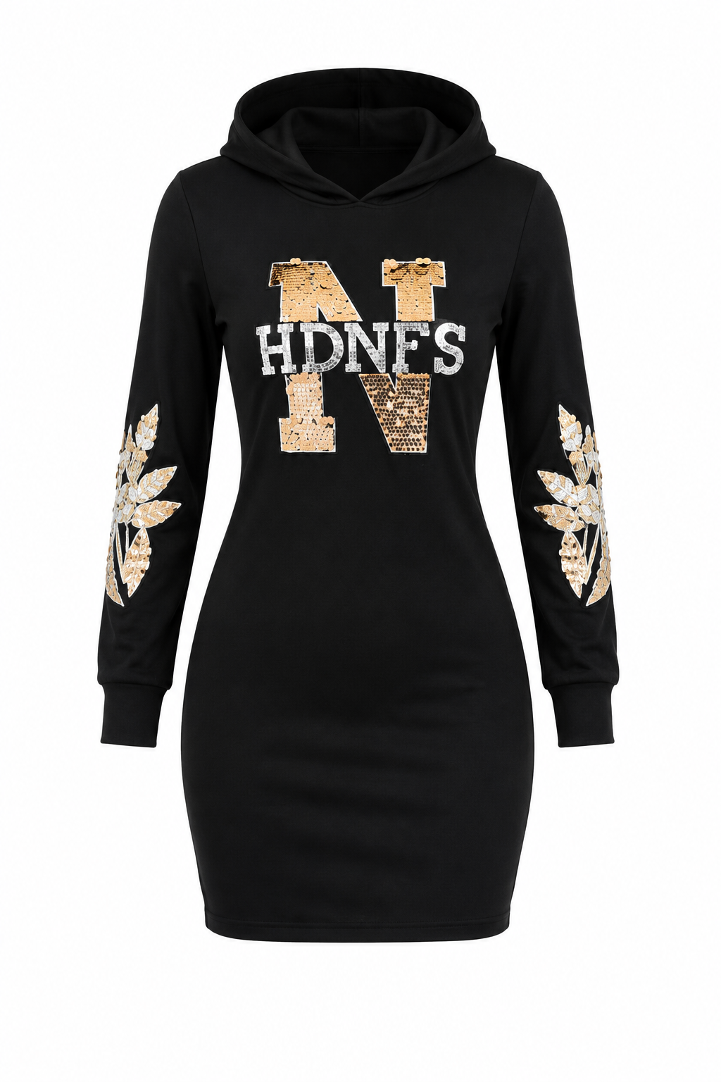 A black long-sleeve mini hoodie dress featuring a large 'N V' monogram and 'HDFNS' text on the front in a metallic gold sequin pattern, with matching gold sequin leaf designs on both sleeves, shown against a plain white background.