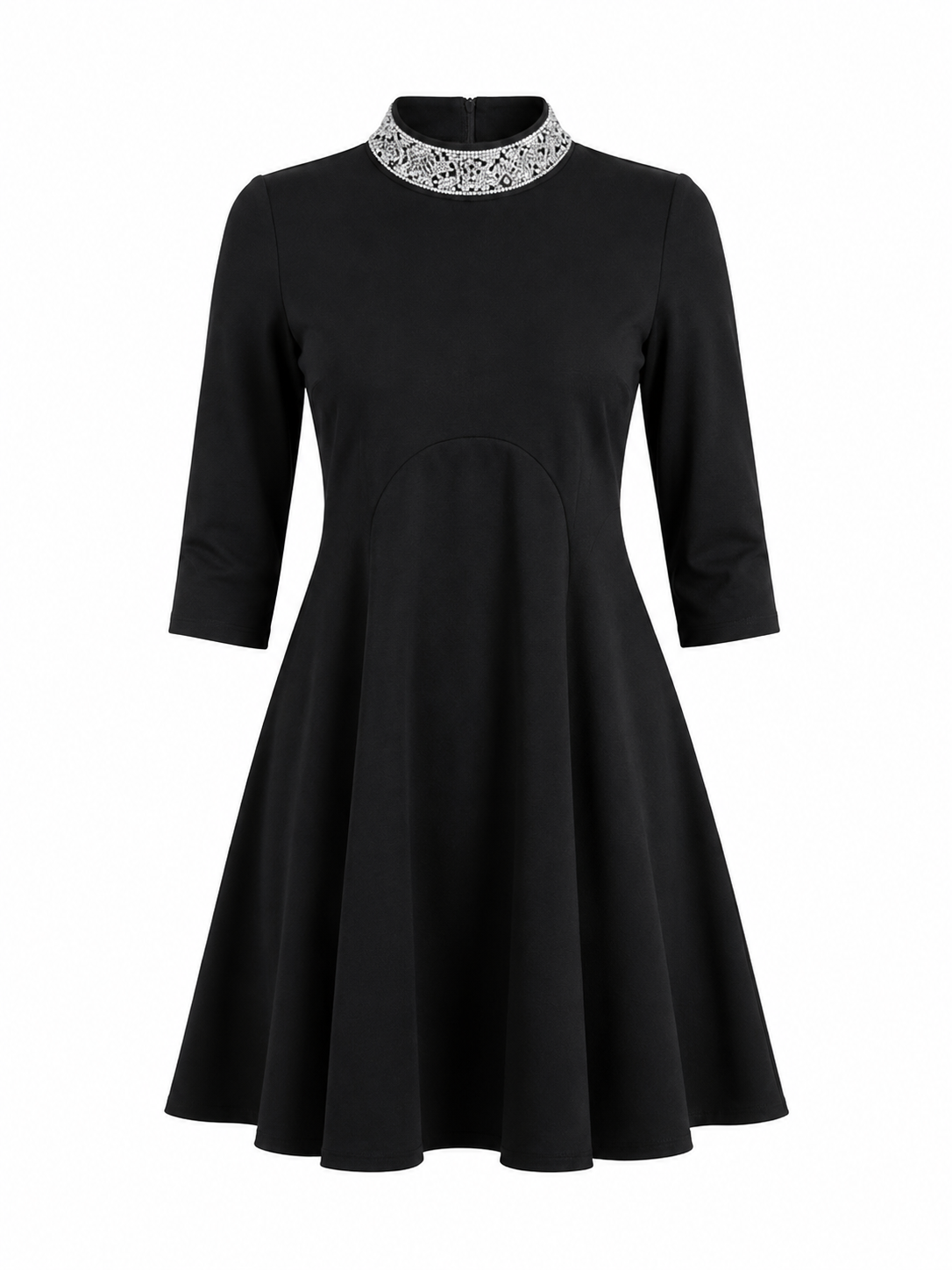 A black three-quarter sleeve skater dress with a high mock neck featuring a silver beaded collar, shown against a plain white background.