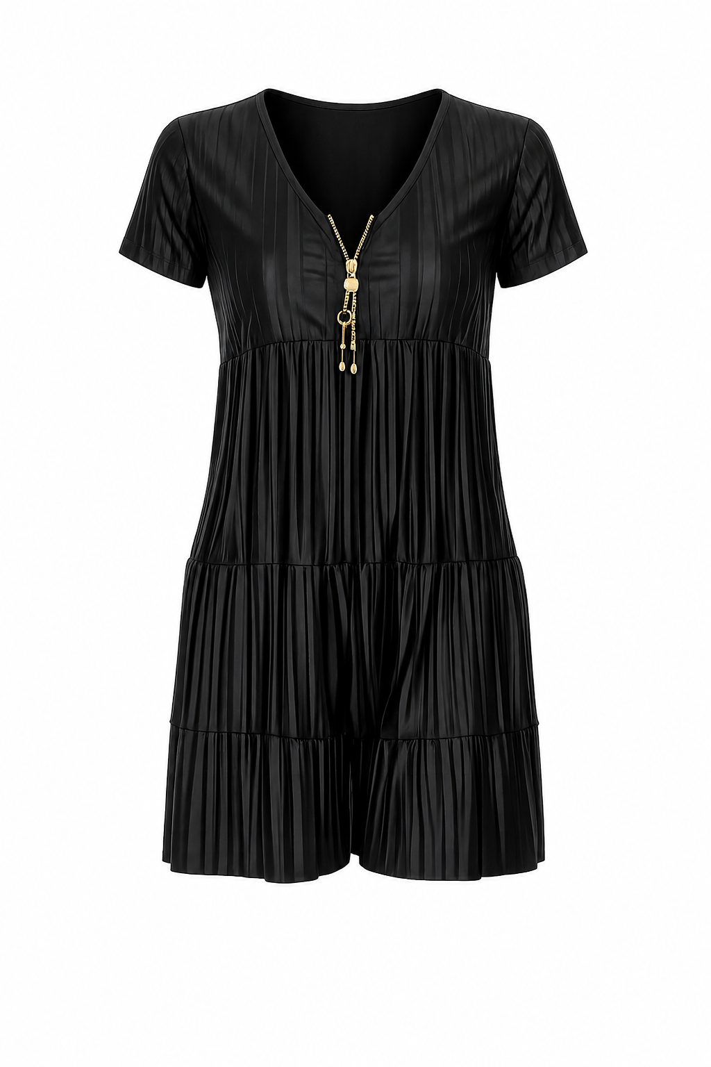 A black short-sleeve pleated romper with a tiered skirt and a gold-tone zipper detail at the V-neck, shown against a plain white background.