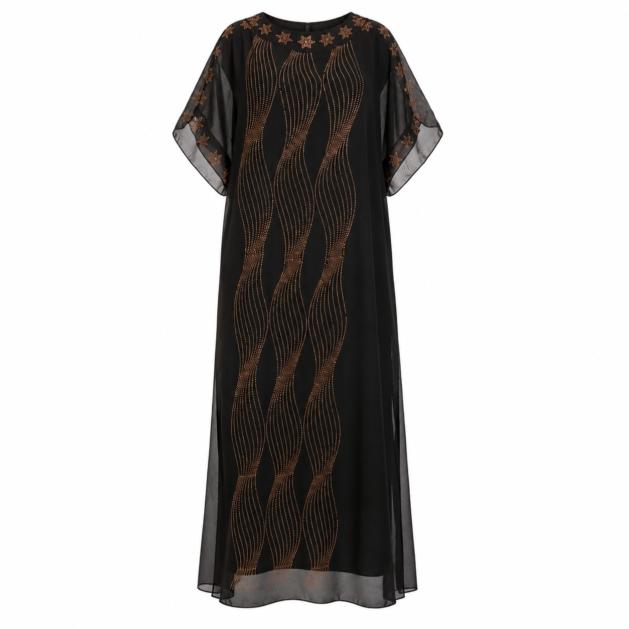A black kaftan dress with sheer mesh sleeves and a matching black skirt, decorated with vertical brown wavy line patterns and small brown floral motifs on the neckline.