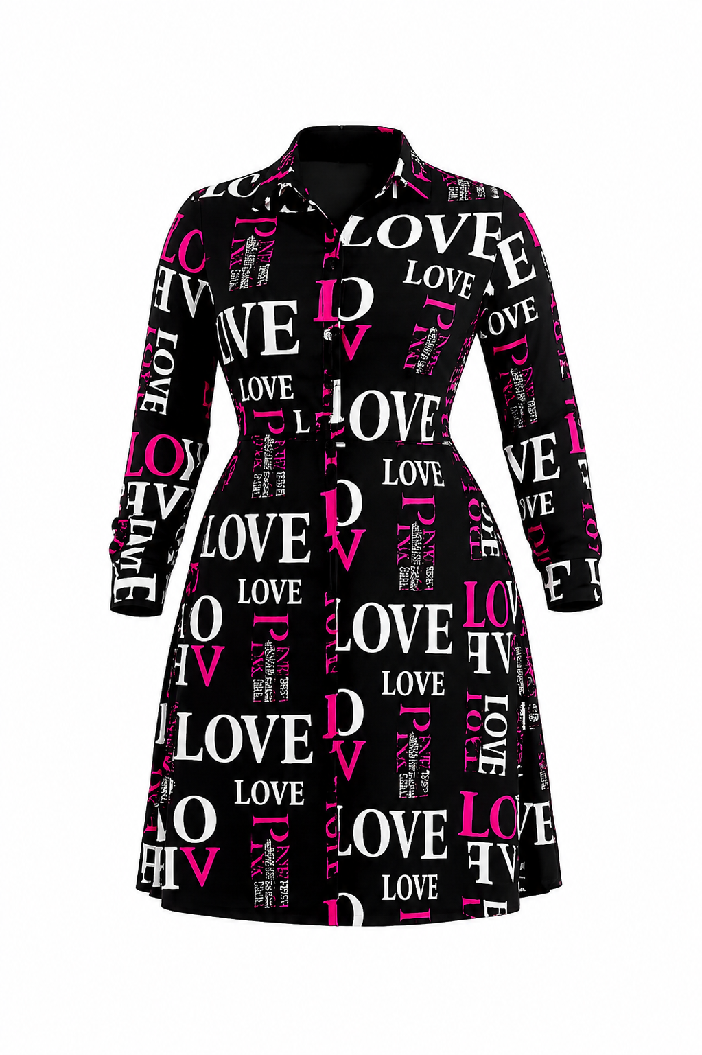A long-sleeve collared dress with a black base and an all-over repeating 'LOVE' text print in white and bright pink, shown on a plain white background.