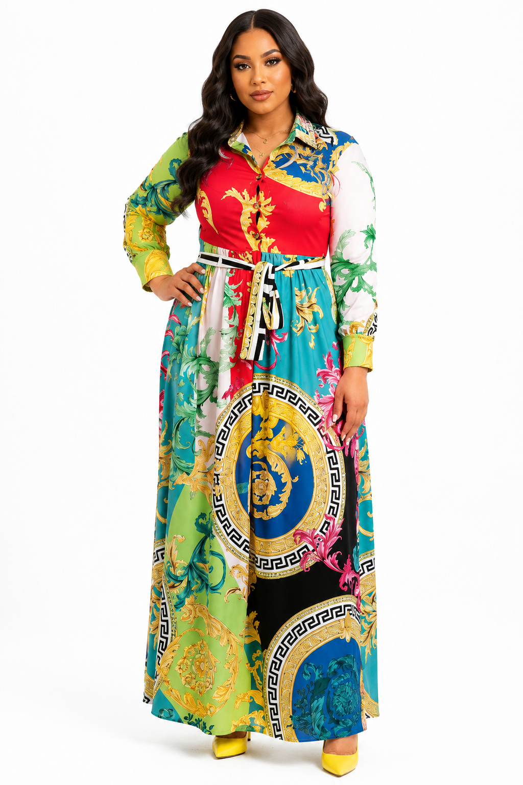 Multi-Colour Baroque Maxi Dress | Collared Button Long Sleeve Women’s Dress