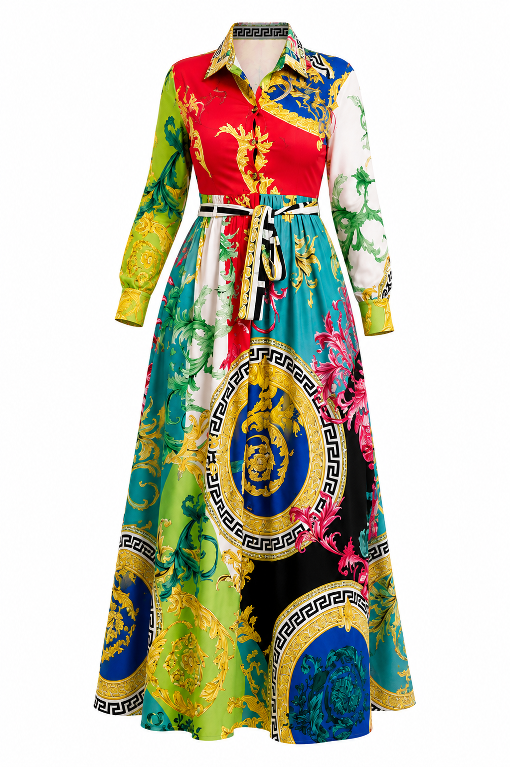 Multi-Colour Baroque Maxi Dress | Collared Button Long Sleeve Women’s Dress