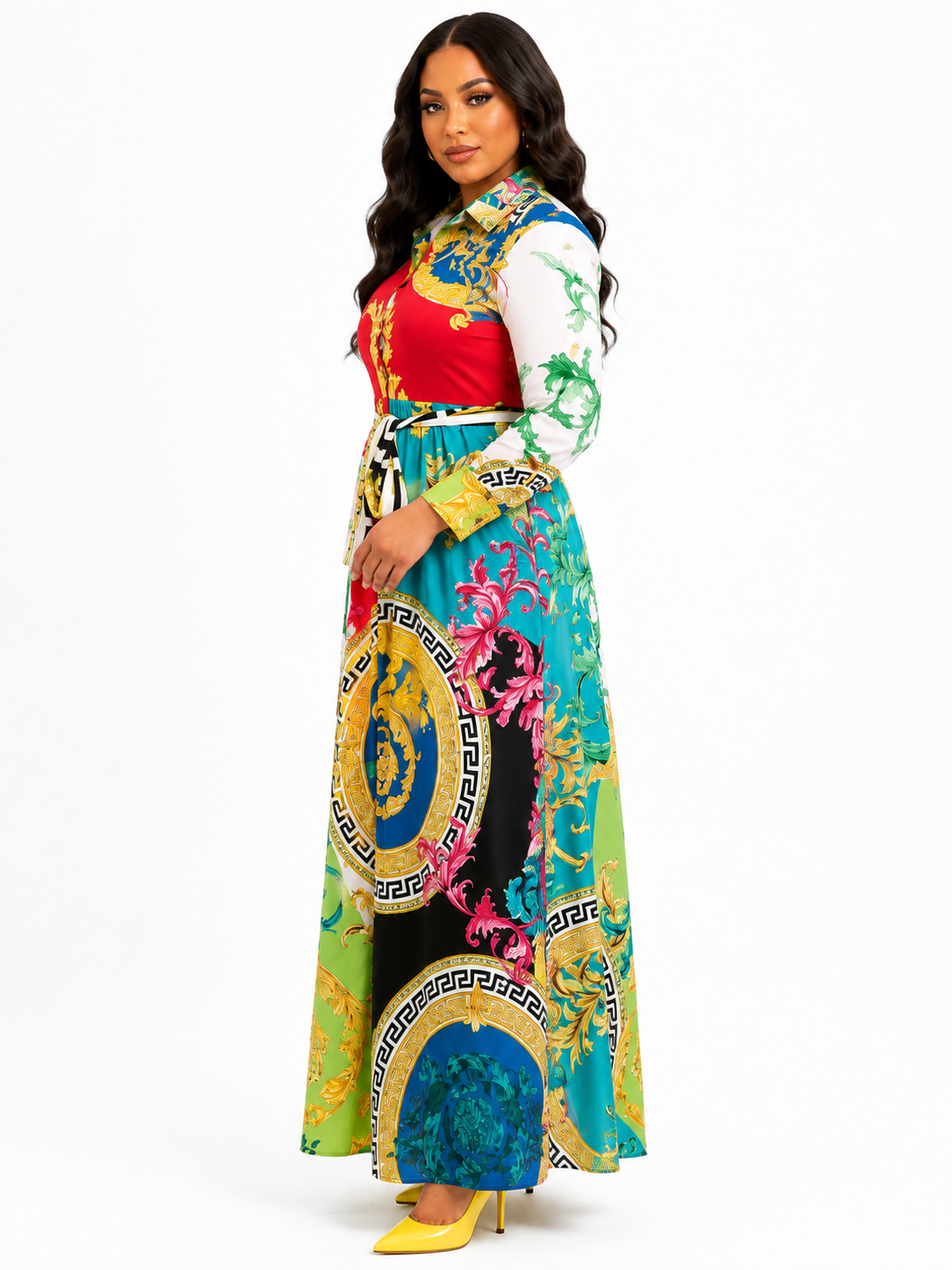 Multi-Colour Baroque Maxi Dress | Collared Button Long Sleeve Women’s Dress