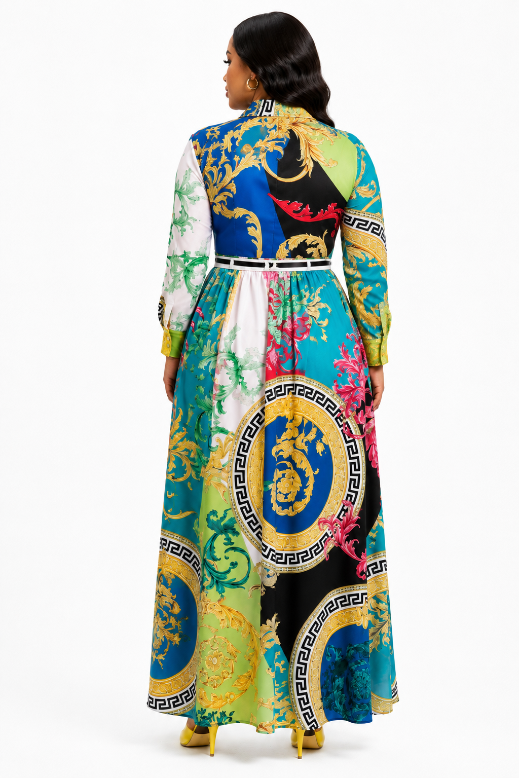 Multi-Colour Baroque Maxi Dress | Collared Button Long Sleeve Women’s Dress