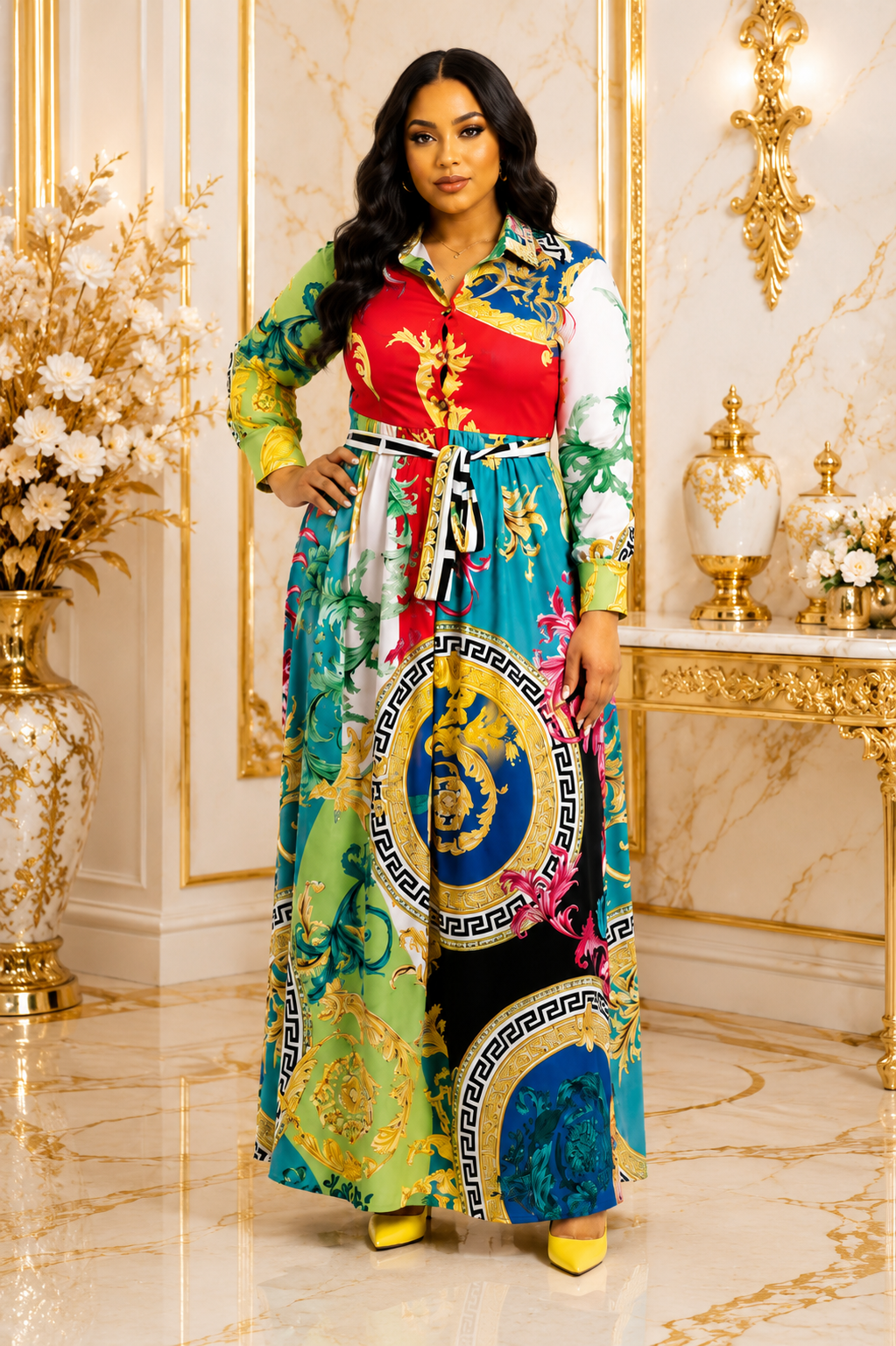Multi-Colour Baroque Maxi Dress | Collared Button Long Sleeve Women’s Dress