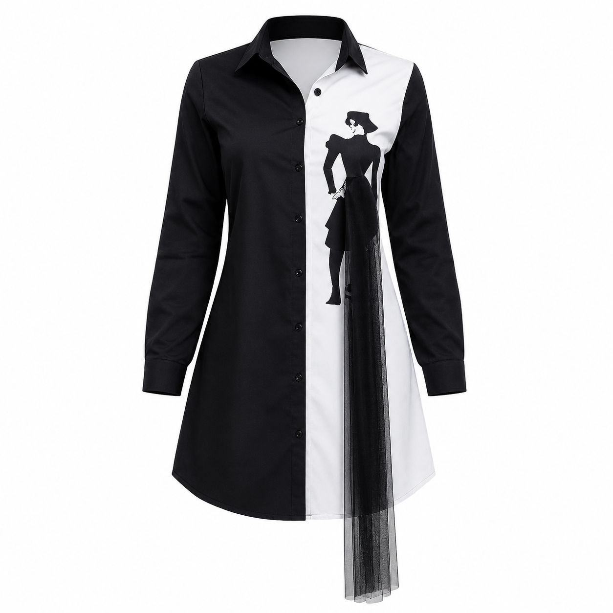 A women's long-sleeve button-front shirt dress with a split black-and-white design and a sheer black tulle train, shown on a plain white background.