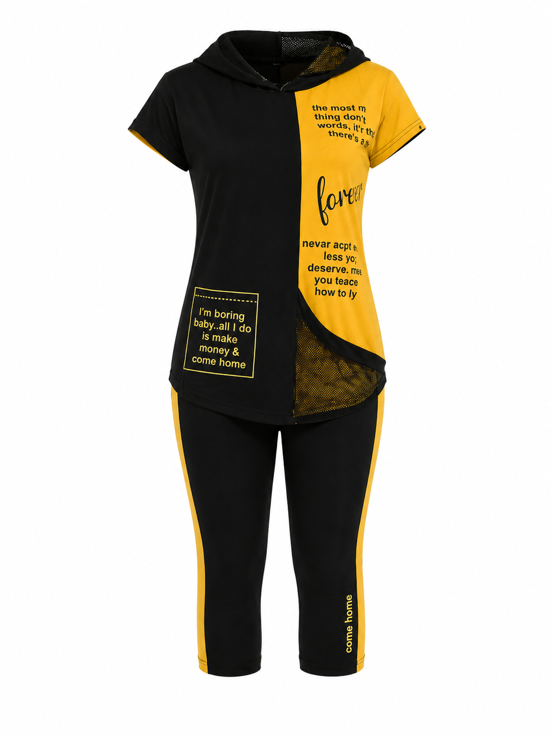 A two-piece matching hoodie and jogger set in black and yellow. The hoodie features a split design with black on one side and yellow on the other, complete with printed text quotes.