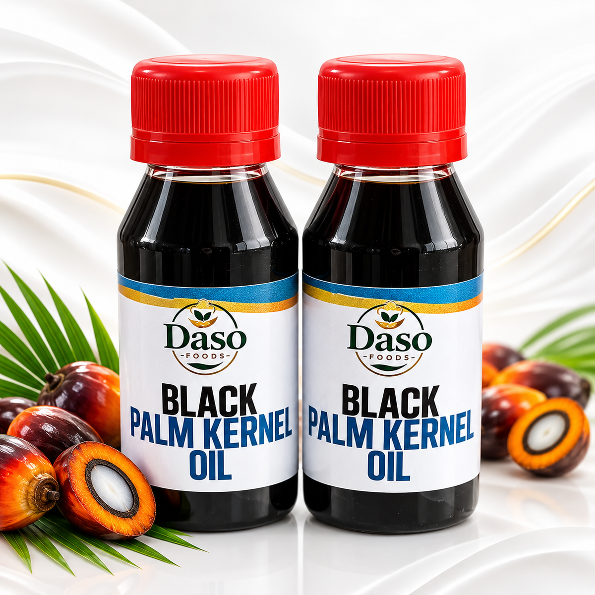 Two bottles of Daso Foods Black Palm Kernel Oil with red caps, displayed on a white background with palm kernel fruits and green leaves.