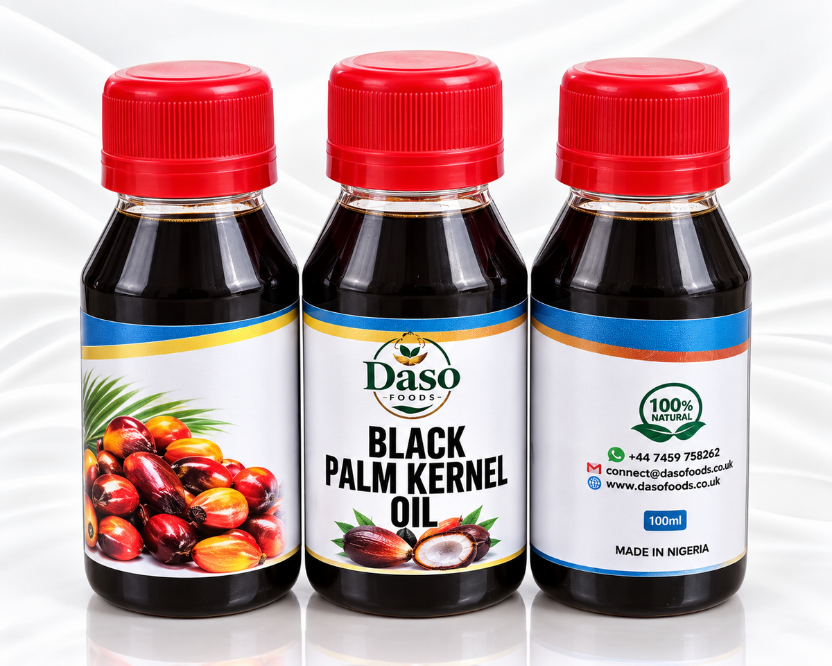 Three bottles of Daso Foods Black Palm Kernel Oil arranged side by side on a reflective white surface with a white satin-like background. The center bottle is shown front-facing with the product name 'Black Palm Kernel Oil' on the label, while the left bottle shows a palm fruit illustration and the right bottle shows a 100% natural seal and contact details.
