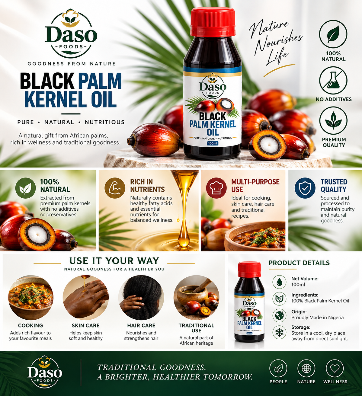 A promotional infographic for Daso Foods Black Palm Kernel Oil, featuring product bottles, ingredient imagery of palm kernels, and multiple benefit callouts on a white background with green accents.