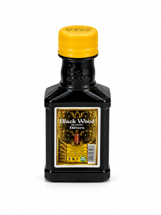 A bottle of Black Wood Bitters in a black plastic container with a bright yellow cap and a gold label, shown on a white background.