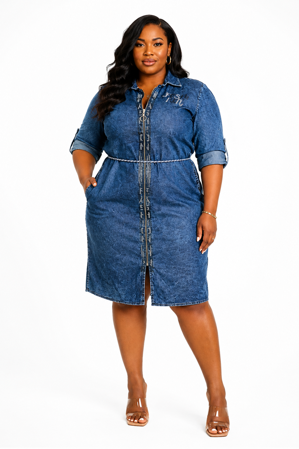 Luxury Acid Wash Denim Zip Front Shirt Midi Dress with Roll-Tab Sleeves & Waist Belt – Women's Casual Chic Dress
