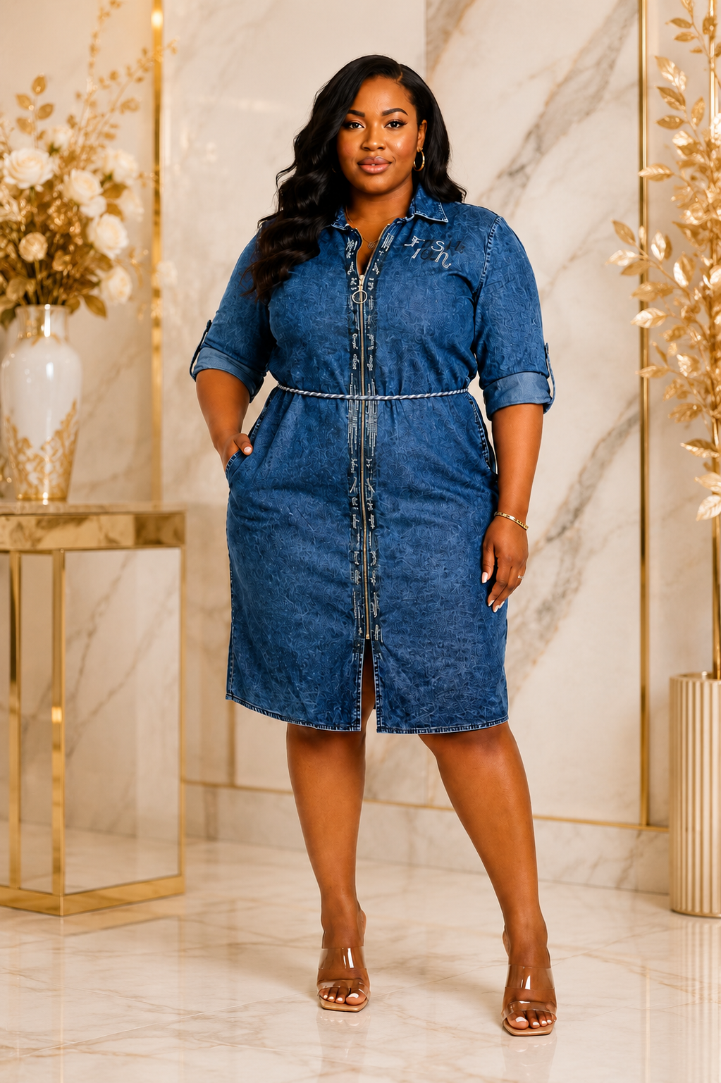 Luxury Acid Wash Denim Zip Front Shirt Midi Dress with Roll-Tab Sleeves & Waist Belt – Women's Casual Chic Dress