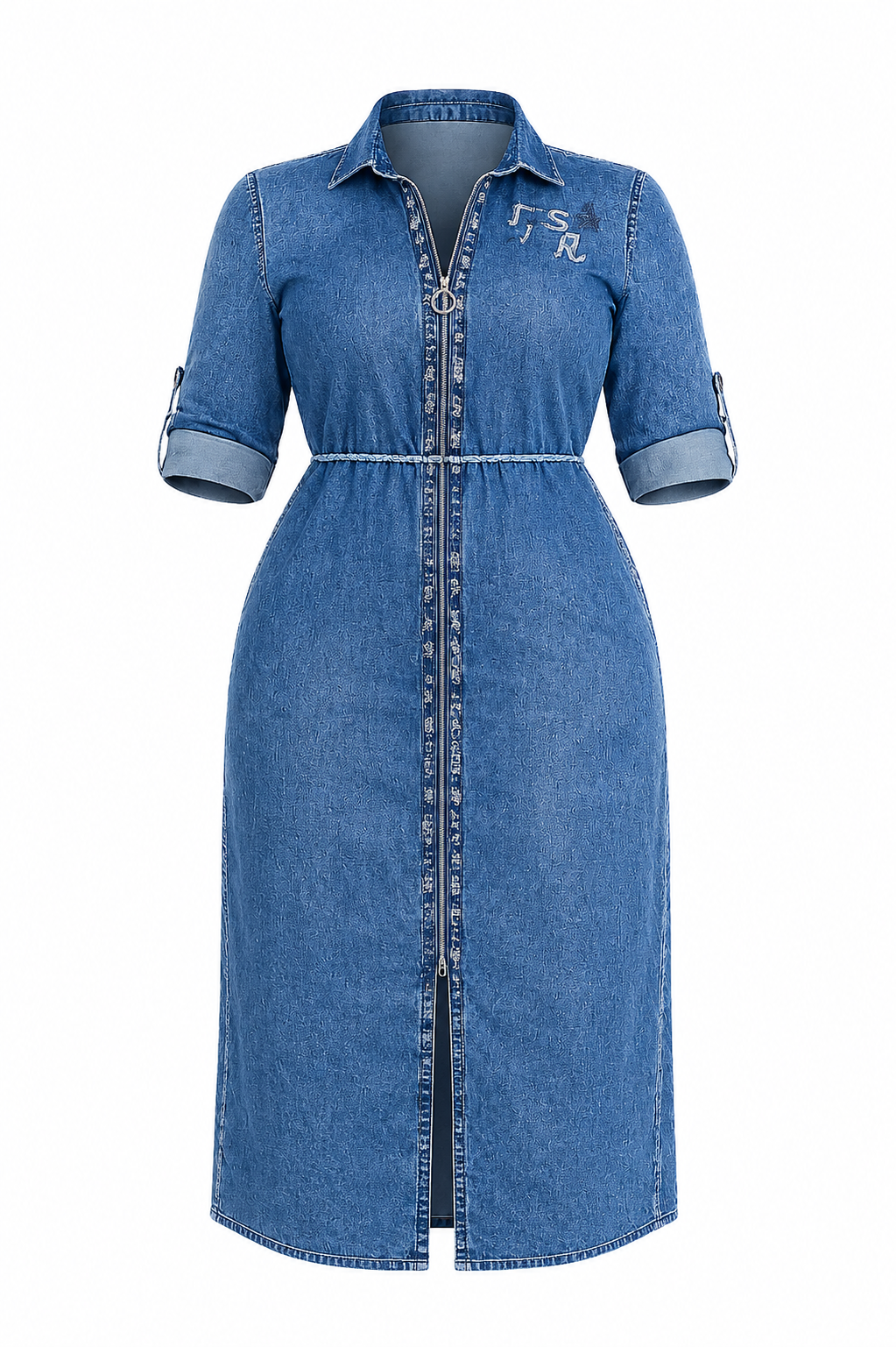 Luxury Acid Wash Denim Zip Front Shirt Midi Dress with Roll-Tab Sleeves & Waist Belt – Women's Casual Chic Dress