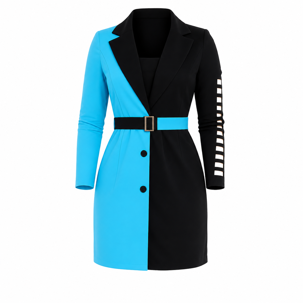 A women's color-block blazer dress with a bold vertical split design in bright cyan blue and black. It features a matching waist belt with a gold-tone buckle, three black buttons on the front, and white geometric cutout details on the right sleeve.