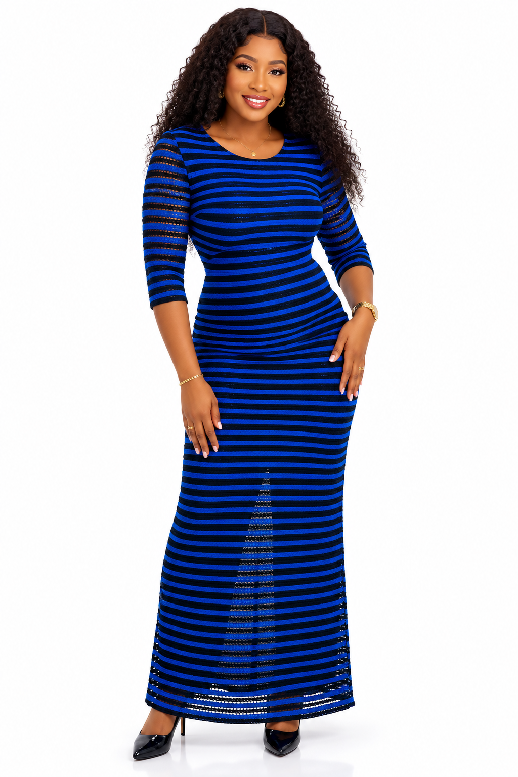 Women's Horizontal Stripe Maxi Dress – Round Neck 3/4 Sleeve Bodycon Dress