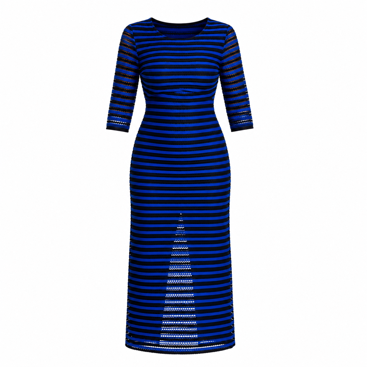 Women's Horizontal Stripe Maxi Dress – Round Neck 3/4 Sleeve Bodycon Dress