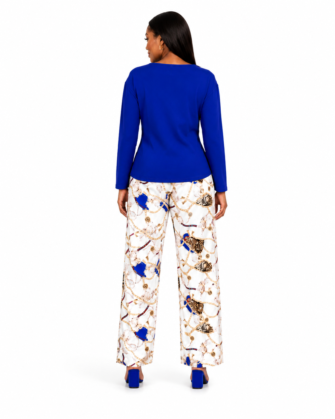 Women's Blue Printed Two-Piece Loungewear Set – Long Sleeve Top & Wide Leg Trousers Co-Ord Set