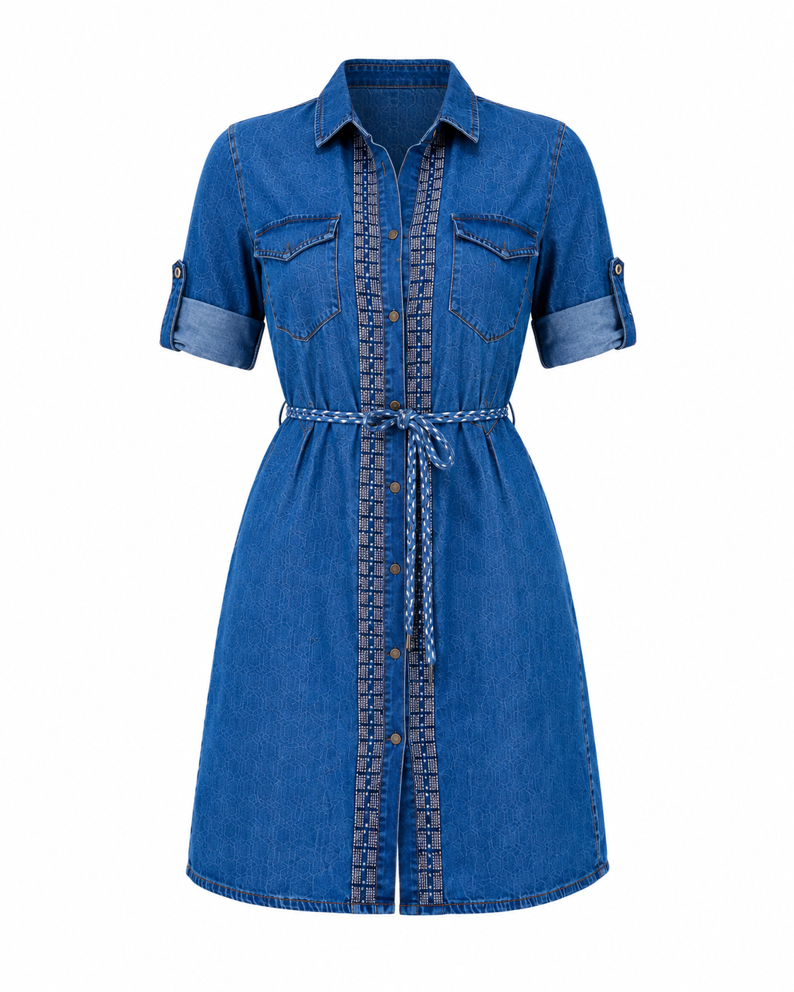 A blue denim shirt dress with short sleeves, buttoned front pockets, a matching denim tie belt, and decorative vertical embroidered details on the front placket and chest pockets, shown on a plain white background.